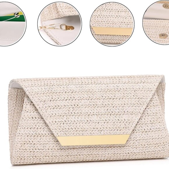 Elegant Straw Patent Leather Clutch Bag for Women with Gold Metal Accents - Picture 3 of 5